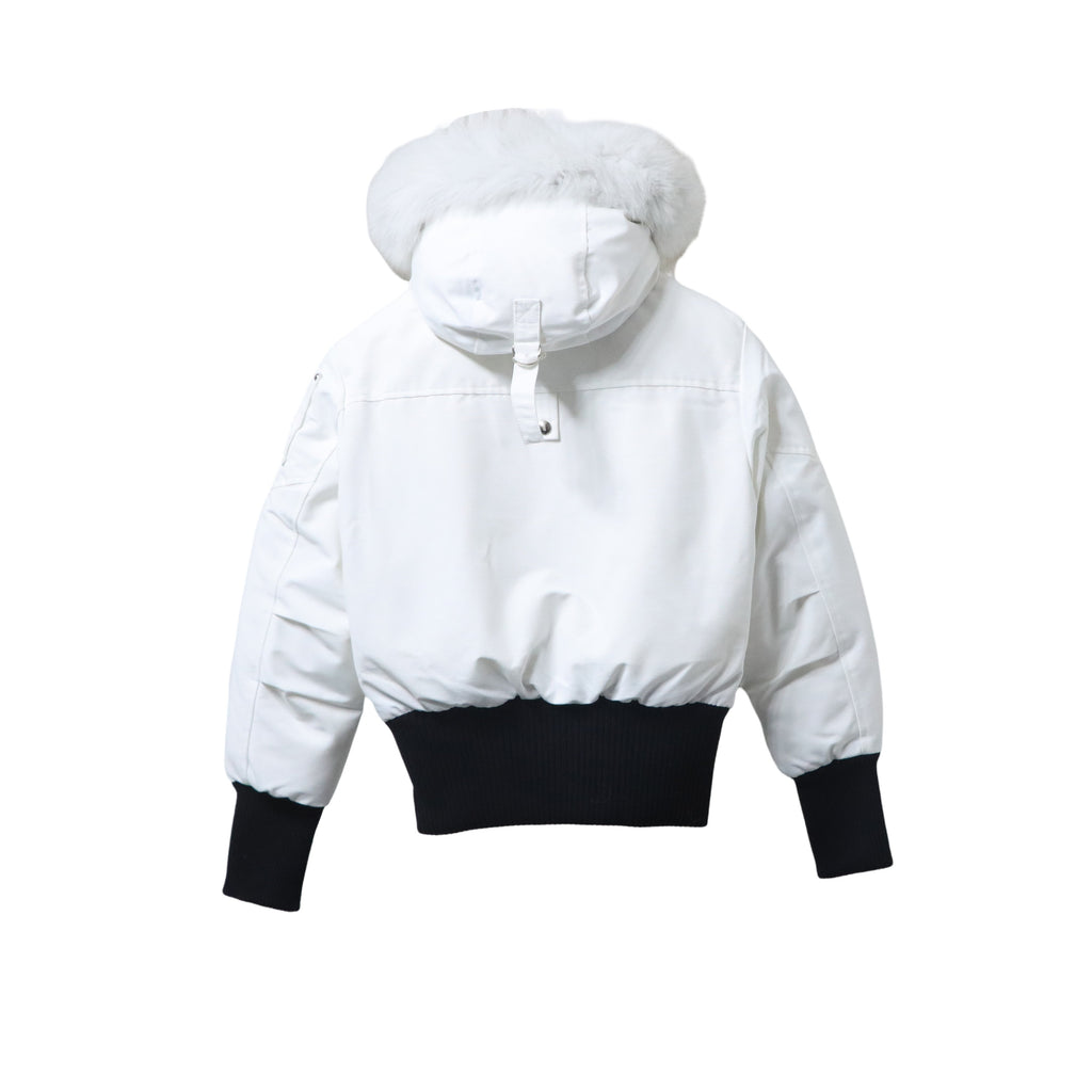 Moose Knuckles White Fur-Trimmed Hooded Bomber Jacket – Black Contrast Cuffs Fur Pom Silver Zip