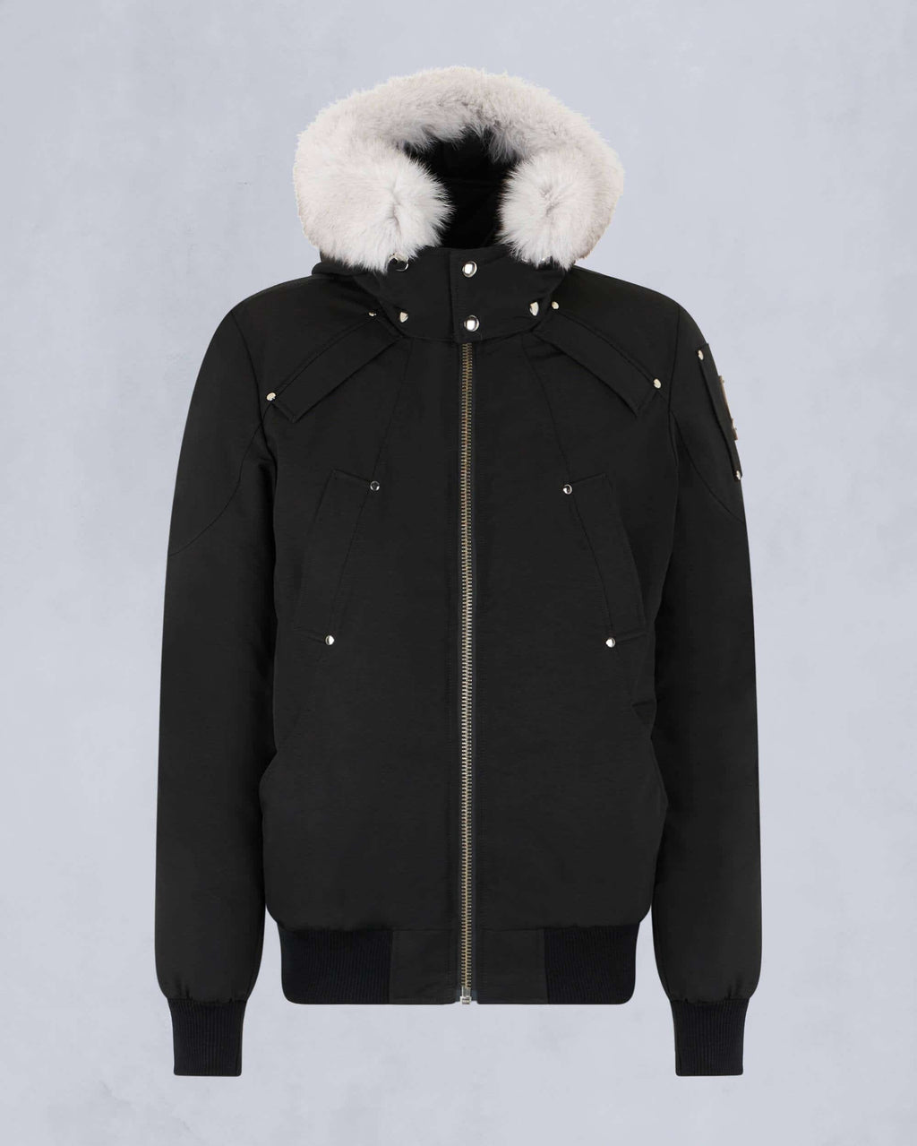Moose Knuckles Black Hooded Bomber Jacket – White Fur Trim Silver Zip Stud Detail