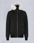 Moose Knuckles Black Hooded Bomber Jacket – White Fur Trim Silver Zip Stud Detail