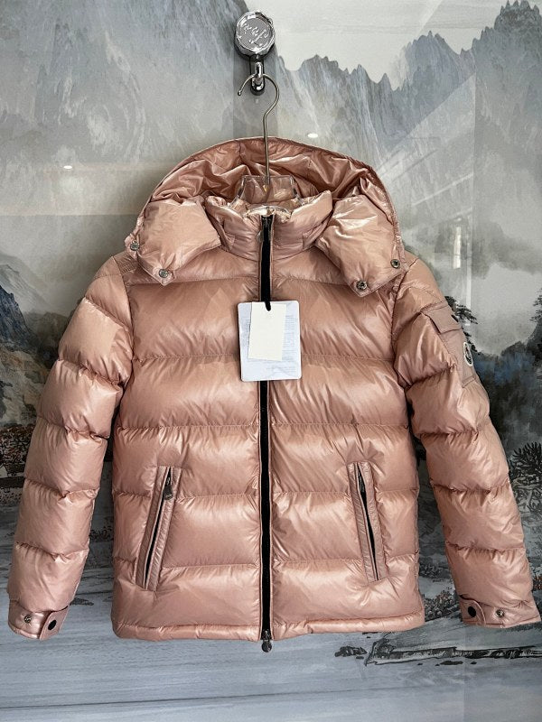 Moncler Rose Gold Glossy Down Jacket – Arm Badge Flap Pocket Hooded