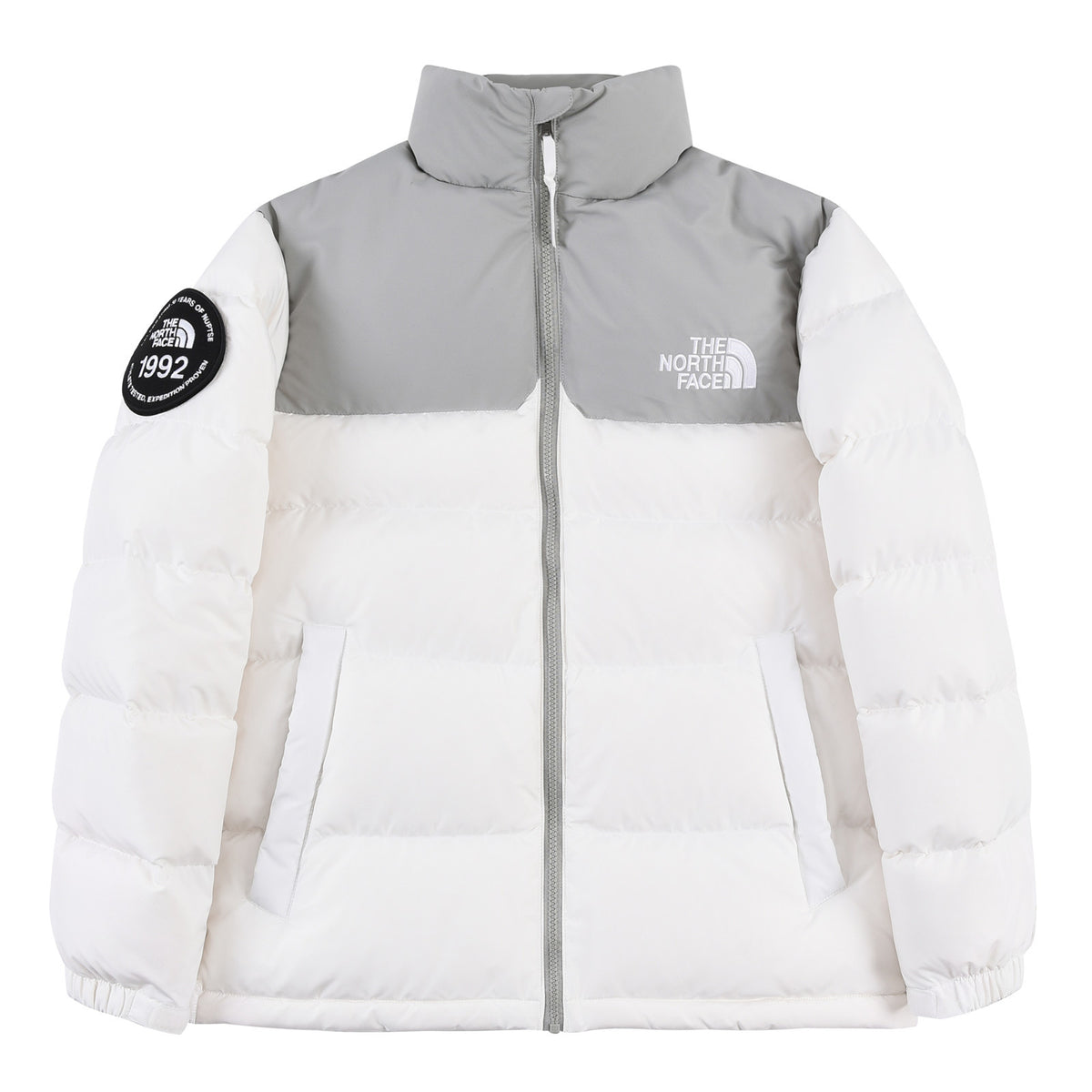 The North Face White Grey Nuptse 1992 Down Jacket – Colourblock 30th Anniversary Badge 700-Fill