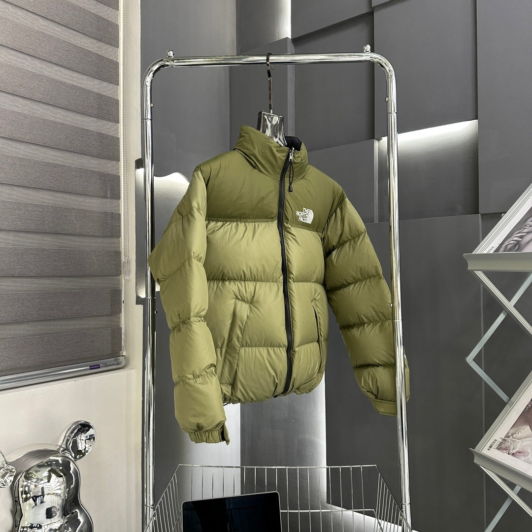 The North Face Olive Green Nuptse 1996 Down Jacket – 700-Fill Tone-on-Tone Box Baffle Stand Collar No Hood
