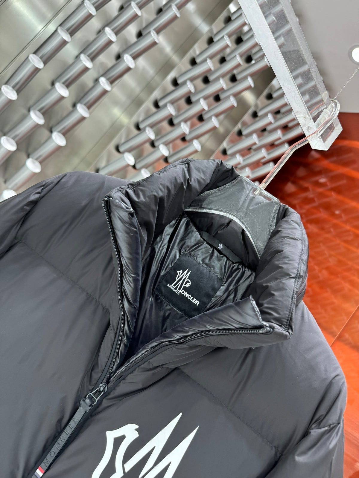 Moncler Grenoble Dark Grey Technical Down Jacket – Mountain Logo Print #MONCLER Sleeve