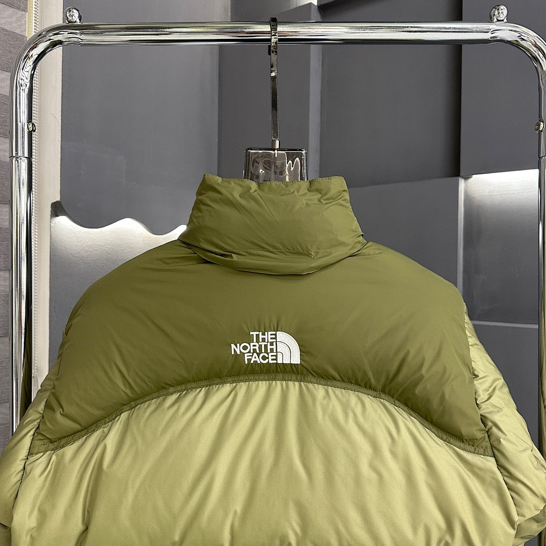 The North Face Olive Green Nuptse 1996 Down Jacket – 700-Fill Tone-on-Tone Box Baffle Stand Collar No Hood
