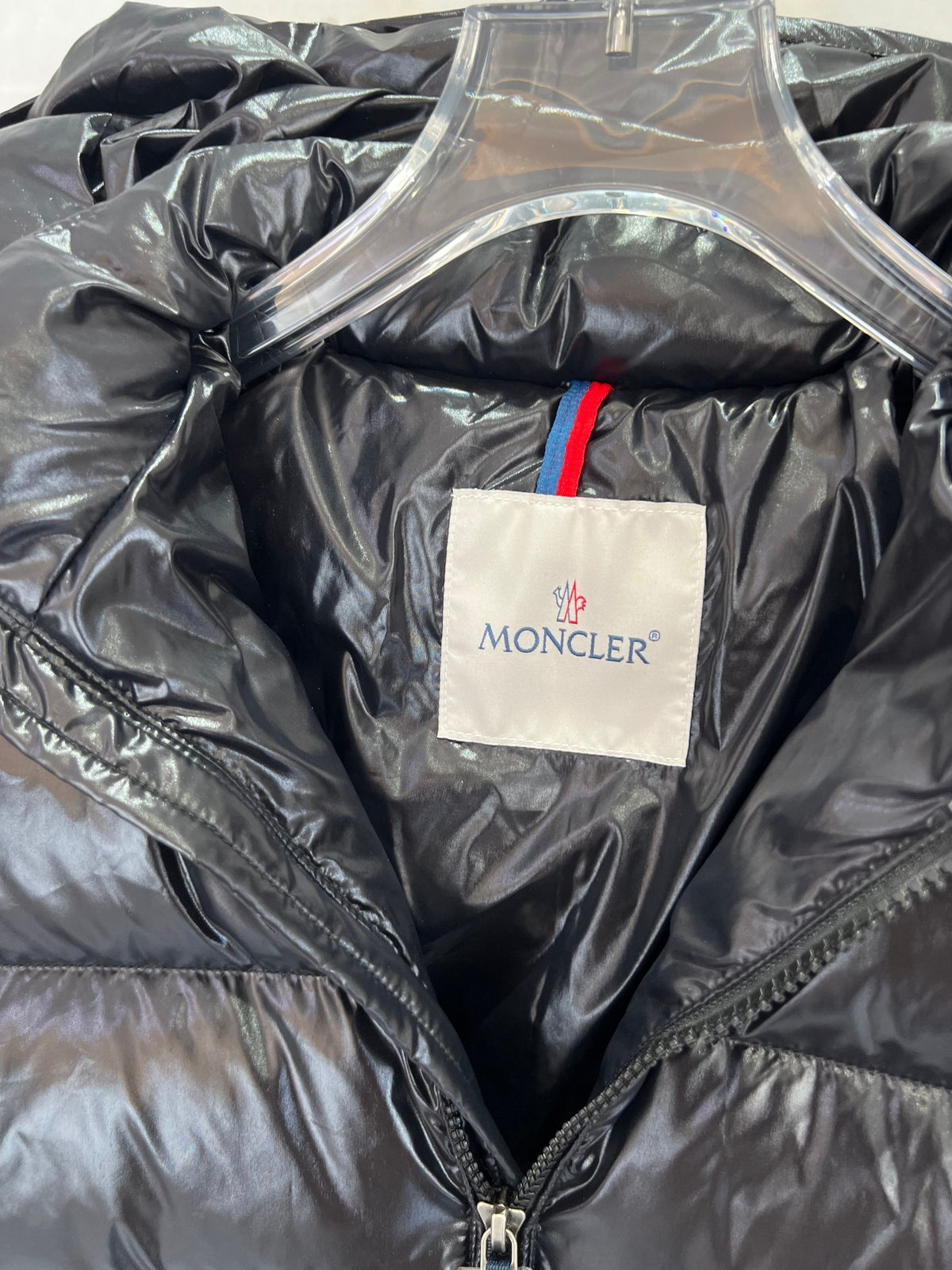 Moncler Jet Black Glossy Hooded Down Jacket – Tricolor Label Slim Fit