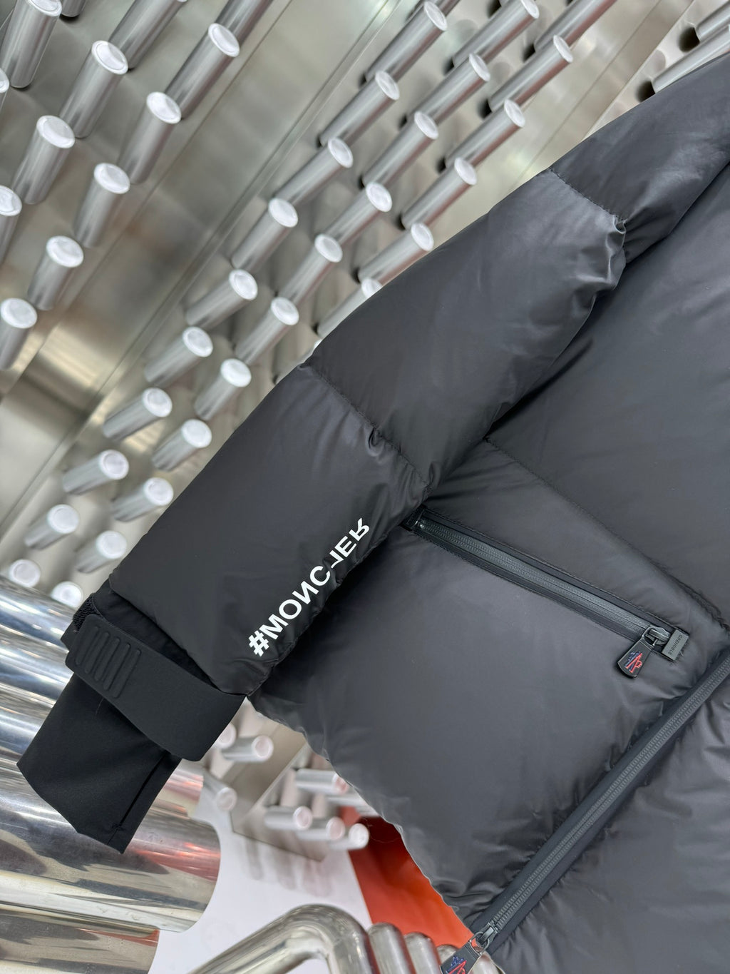 Moncler Grenoble Dark Grey Technical Down Jacket – Mountain Logo Print #MONCLER Sleeve