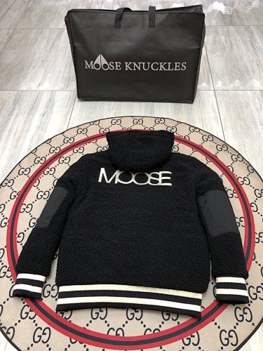 Moose Knuckles Black Sherpa Hooded Bomber Jacket – Teddy Fleece Leather Shoulder Patch MOOSE Back Embroidery Stripe Hem
