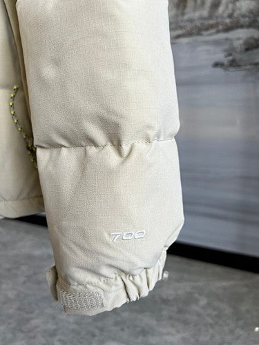 The North Face Cream and Toasted Brown 1996 Retro Nuptse Down Jacket – 700-Fill Wide-Baffle Two-Tone Stand Collar No Hood