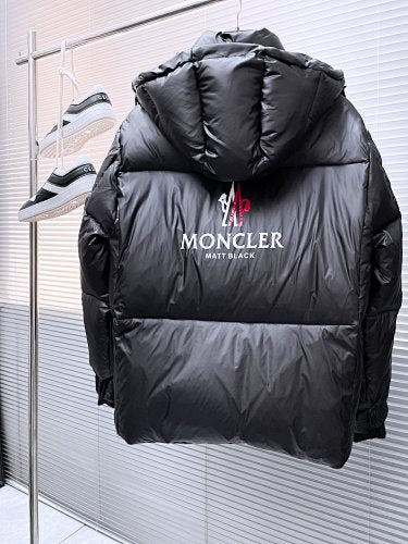 Moncler Matt Black Hooded Down Jacket – Logo Print Oversized Waist Strap