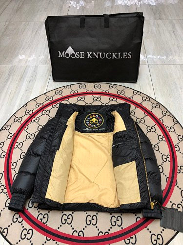 Moose Knuckles Black Stirling Down Jacket – Premium Glossy Shell Wide-Baffle Stand Collar Gold Zip with Tonal MK Arm Badge