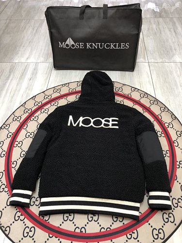 Moose Knuckles Black Sherpa Hooded Bomber Jacket – Teddy Fleece Leather Shoulder Patch MOOSE Back Embroidery Stripe Hem