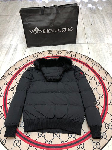Moose Knuckles Black Militia Patch Down Bomber Jacket – Fur Hood Wolf Embroidery Military Badges True North Graphic