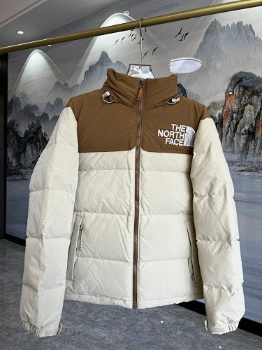 The North Face Cream and Toasted Brown 1996 Retro Nuptse Down Jacket – 700-Fill Wide-Baffle Two-Tone Stand Collar No Hood