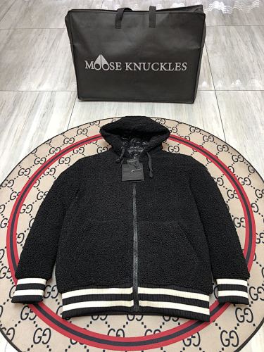 Moose Knuckles Black Sherpa Hooded Bomber Jacket – Teddy Fleece Leather Shoulder Patch MOOSE Back Embroidery Stripe Hem