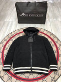 Moose Knuckles Black Sherpa Hooded Bomber Jacket – Teddy Fleece Leather Shoulder Patch MOOSE Back Embroidery Stripe Hem