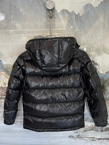 Moncler Jet Black Glossy Hooded Down Jacket – Tricolor Label Slim Fit