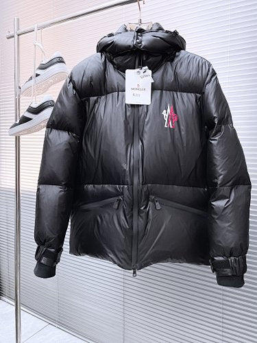 Moncler Matt Black Hooded Down Jacket – Logo Print Oversized Waist Strap