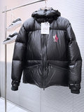 Moncler Matt Black Hooded Down Jacket – Logo Print Oversized Waist Strap