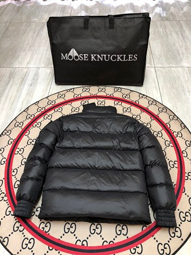 Moose Knuckles Black Stirling Down Jacket – Premium Glossy Shell Wide-Baffle Stand Collar Gold Zip with Tonal MK Arm Badge