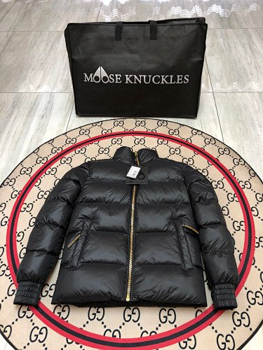 Moose Knuckles Black Stirling Down Jacket – Premium Glossy Shell Wide-Baffle Stand Collar Gold Zip with Tonal MK Arm Badge