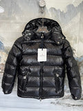 Moncler Jet Black Glossy Hooded Down Jacket – Tricolor Label Slim Fit