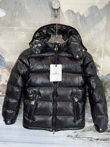 Moncler Jet Black Glossy Hooded Down Jacket – Tricolor Label Slim Fit