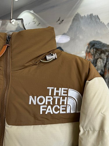 The North Face Cream and Toasted Brown 1996 Retro Nuptse Down Jacket – 700-Fill Wide-Baffle Two-Tone Stand Collar No Hood