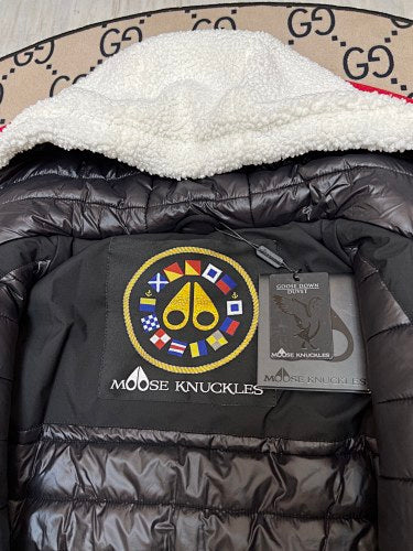 Moose Knuckles Black and White Sherpa Hybrid Down Jacket – Nylon Shell Teddy Fleece Sleeves Hooded Bomber with MOOSE Back Embroidery