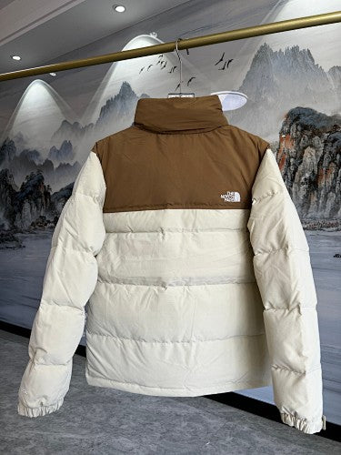 The North Face Cream and Toasted Brown 1996 Retro Nuptse Down Jacket – 700-Fill Wide-Baffle Two-Tone Stand Collar No Hood