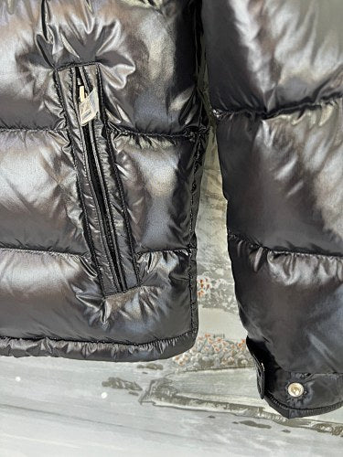 Moncler Jet Black Glossy Hooded Down Jacket – Tricolor Label Slim Fit
