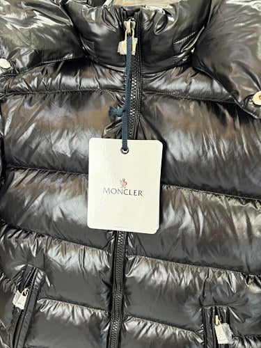 Moncler Jet Black Glossy Hooded Down Jacket – Tricolor Label Slim Fit