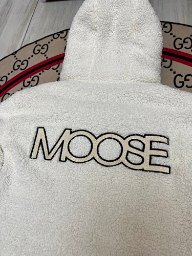 Moose Knuckles Black and White Sherpa Hybrid Down Jacket – Nylon Shell Teddy Fleece Sleeves Hooded Bomber with MOOSE Back Embroidery