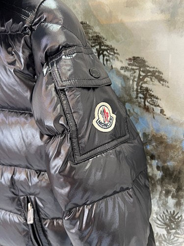 Moncler Jet Black Glossy Hooded Down Jacket – Tricolor Label Slim Fit