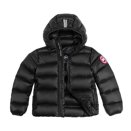Canada Goose Black Lodge Down Hoody – 625-Fill Glossy Channel-Baffle Hooded Puffer Jacket with Arm Badge