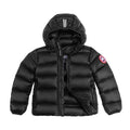 Canada Goose Black Lodge Down Hoody – 625-Fill Glossy Channel-Baffle Hooded Puffer Jacket with Arm Badge