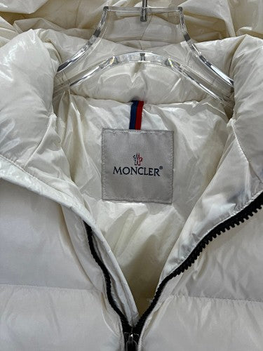 Moncler Cream White Glossy Hooded Down Jacket – Tricolor Label Slim Fit