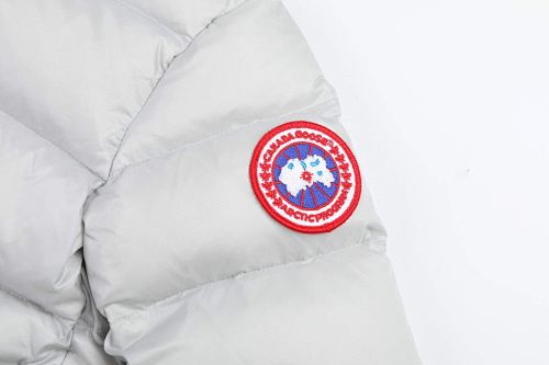 Canada Goose White Lodge Down Hoody – 625-Fill Glossy Channel-Baffle Hooded Puffer Jacket with Red Arm Badge