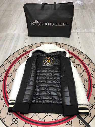 Moose Knuckles Black and White Sherpa Hybrid Down Jacket – Nylon Shell Teddy Fleece Sleeves Hooded Bomber with MOOSE Back Embroidery