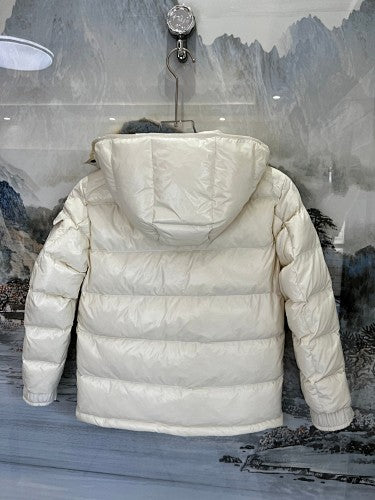 Moncler Cream White Glossy Hooded Down Jacket – Tricolor Label Slim Fit