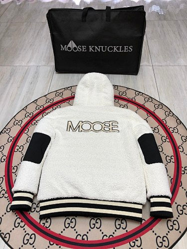 Moose Knuckles Black and White Sherpa Hybrid Down Jacket – Nylon Shell Teddy Fleece Sleeves Hooded Bomber with MOOSE Back Embroidery