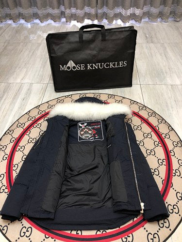 Moose Knuckles Navy Oversized Fur-Trim Down Parka