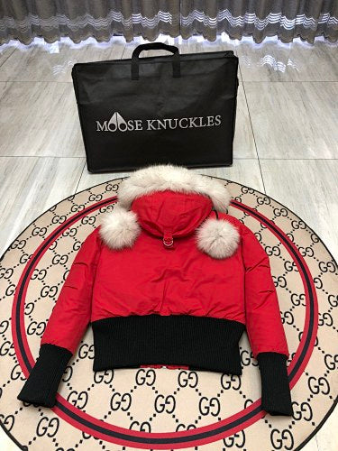 Moose Knuckles Red Pom-Pom Down Parka