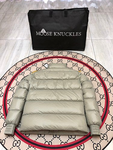 Moose Knuckles Silver Sage Stirling Down Jacket – Premium Glossy Shell Wide-Baffle Stand Collar Gold Zip with MK Arm Badge