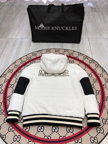 Moose Knuckles Black and White Sherpa Hybrid Down Jacket – Nylon Shell Teddy Fleece Sleeves Hooded Bomber with MOOSE Back Embroidery