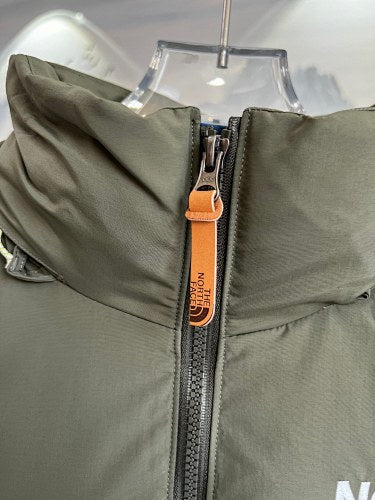 The North Face Ocean Blue and Military Olive 1996 Retro Nuptse Down Jacket – 700-Fill Wide-Baffle Two-Tone Stand Collar Orange Zip No Hood