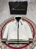Moose Knuckles Black and White Sherpa Hybrid Down Jacket – Nylon Shell Teddy Fleece Sleeves Hooded Bomber with MOOSE Back Embroidery