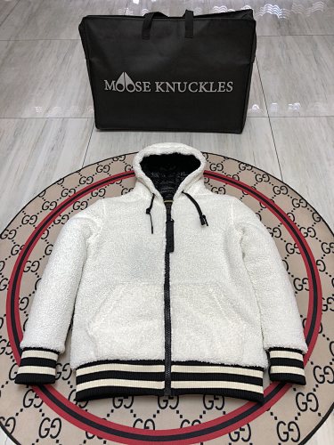 Moose Knuckles Black and White Sherpa Hybrid Down Jacket – Nylon Shell Teddy Fleece Sleeves Hooded Bomber with MOOSE Back Embroidery