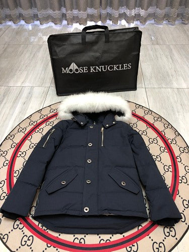 Moose Knuckles Navy Oversized Fur-Trim Down Parka