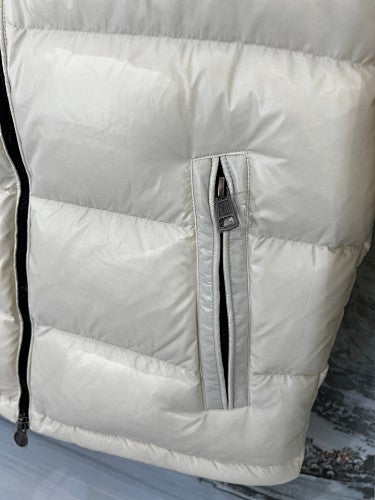 Moncler Cream White Glossy Hooded Down Jacket – Tricolor Label Slim Fit