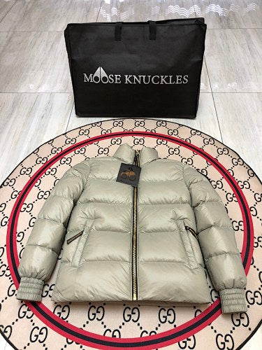 Moose Knuckles Silver Sage Stirling Down Jacket – Premium Glossy Shell Wide-Baffle Stand Collar Gold Zip with MK Arm Badge